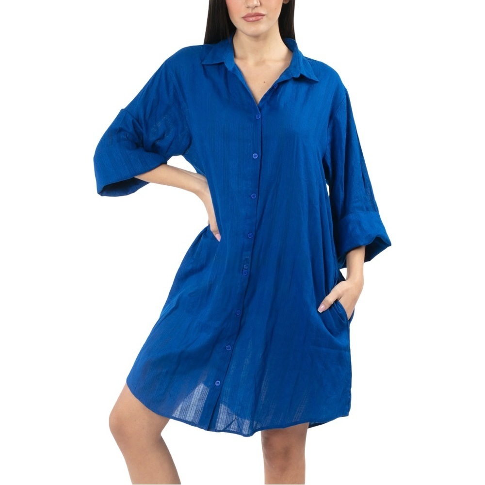 Antica Sartoria Royal Blue Cotton Cover-Up Shirt with Side Pockets Size Med NWT